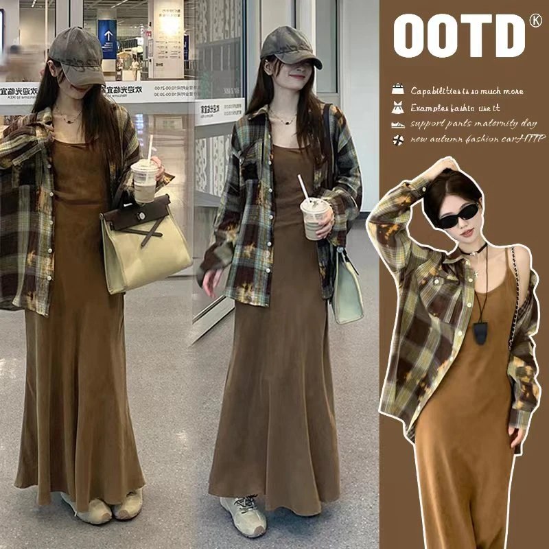 大码女装2025秋季款休闲甜美格子衬衫搭配时尚外穿吊带连衣裙套装