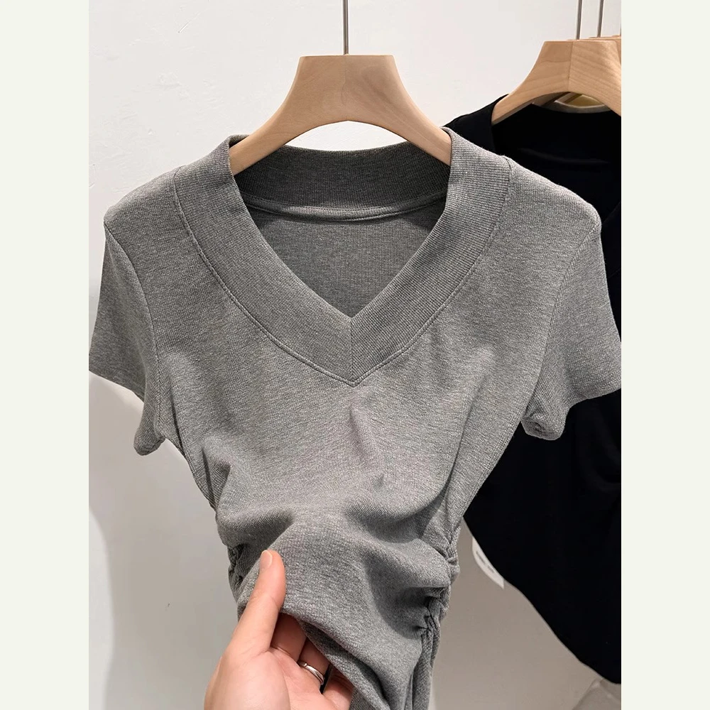 设计感V领纯色褶皱短款短袖T恤女2025夏季新款时尚修身打底衫上衣