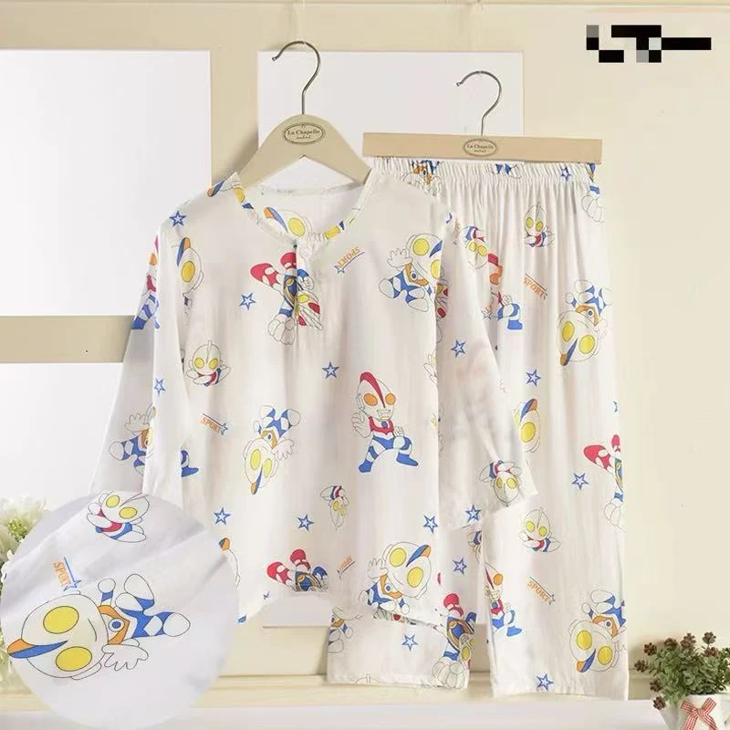 SY006儿童棉绸睡衣青少年夏季宽松超薄款长袖长裤睡衣套装家居服