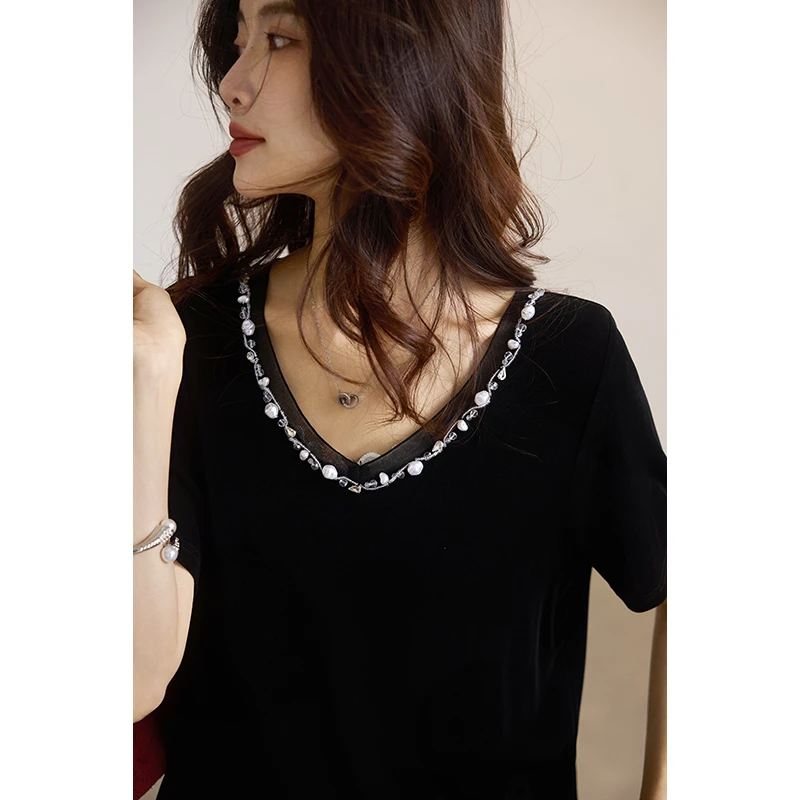 高端时尚钉珠V领短袖T恤女夏季2025年新款针织小衫欧货大码上衣潮