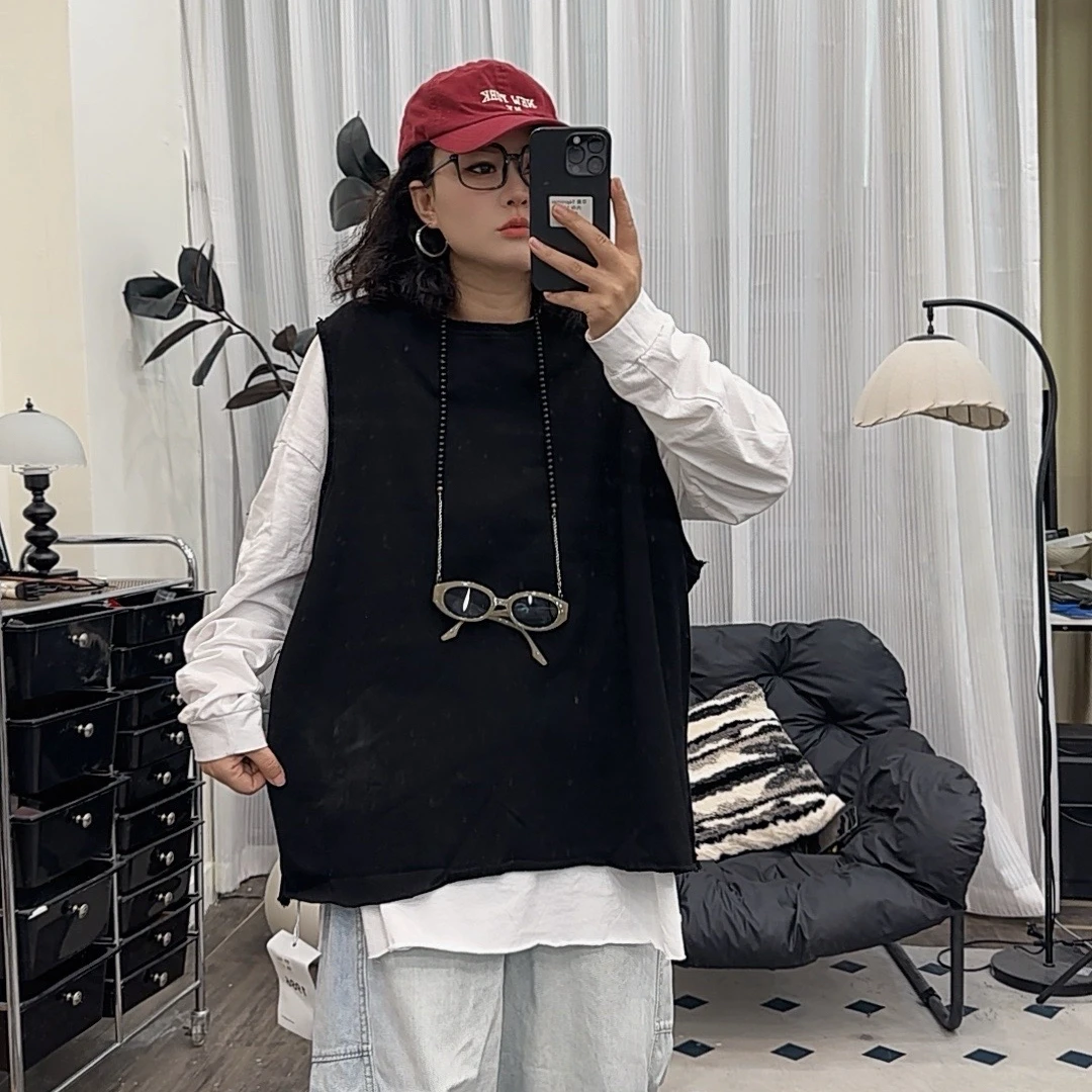哆唛855020款秋款圆领无袖纯色毛边宽松欧韩时尚潮流百搭休闲马甲