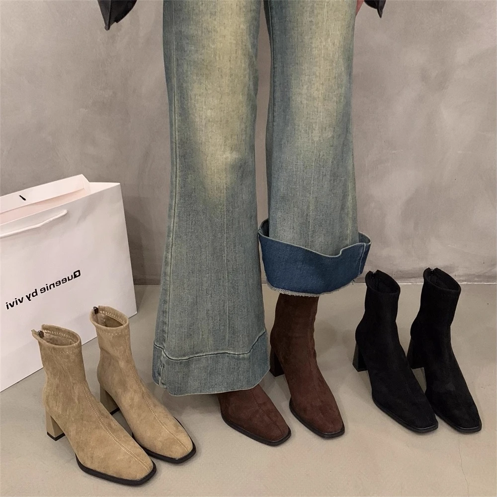 高跟韩系小踝靴绒面马丁靴女鞋2025新款秋冬季加绒方头瘦瘦短靴子
