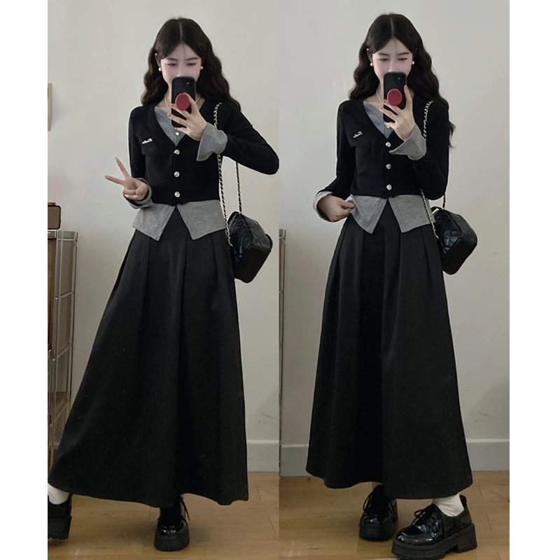 大码胖mm女装秋季设计感显瘦假两件上衣+高级感半身裙两件套装潮