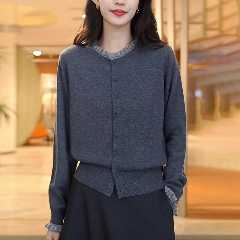 秋季女灰色毛衣外套慵懒高级感洋气减龄显瘦木耳边针织开衫上衣