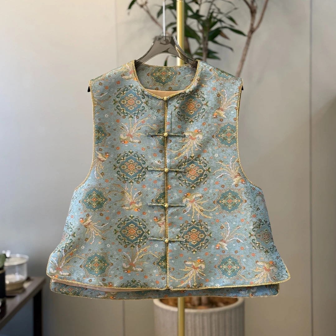 【湛羽】新中式桑蚕丝宋锦马甲复古潮流国风手工盘扣圆领百搭背心女