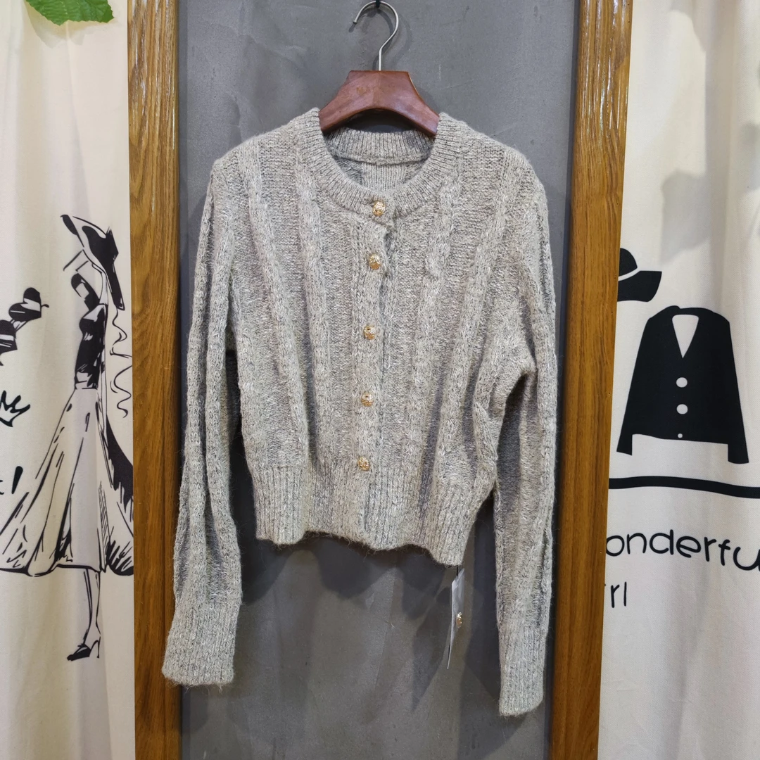 麦寻MYkLQ012秋冬灰色针织开衫毛衣长袖百搭外套洋气短款上衣