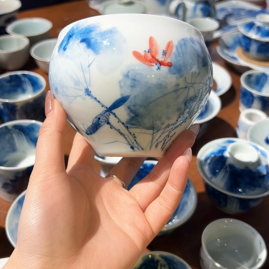 杯墨*青花手绘荷花水洗