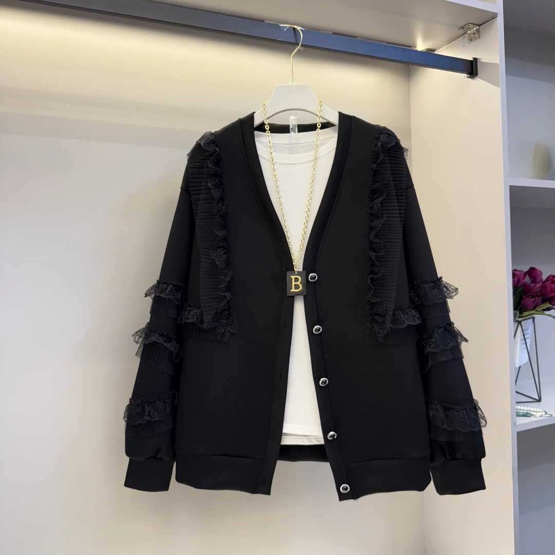 欧货2025新款大码女装蕾丝边洋气时尚休闲高级感外套(衣长65)