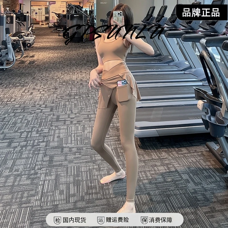 gpsunlu假两件健身裤女高腰紧身网纱运动裙裤速干透气瑜伽长裤