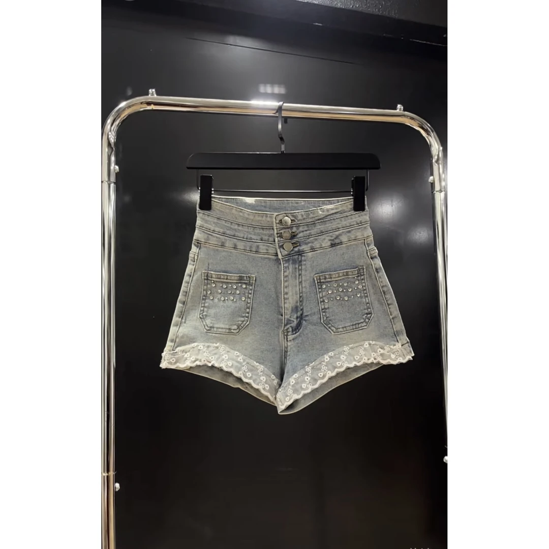 百搭高腰蕾丝花边拼砖显瘦时尚牛仔短裤潮流个性女装春夏裤子夏季