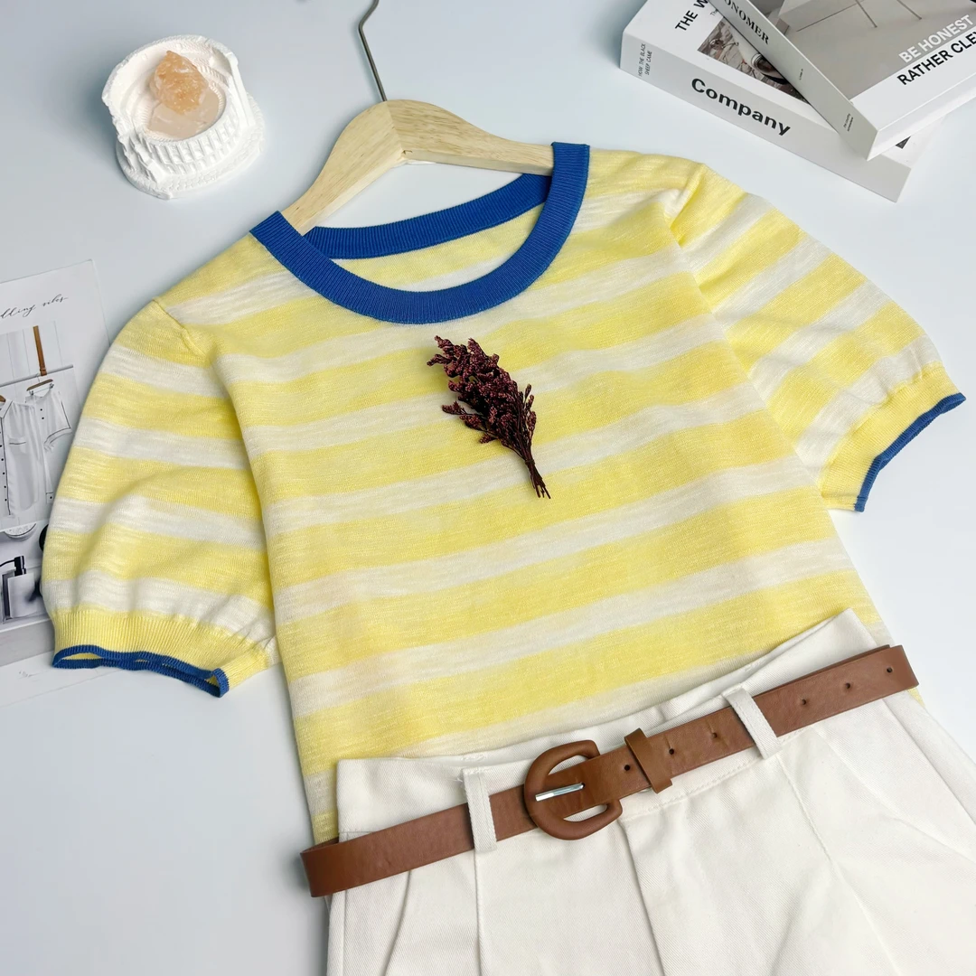 玲姐定制-撞色条纹字母款薄微透下摆抽绳设计感针织短袖142521