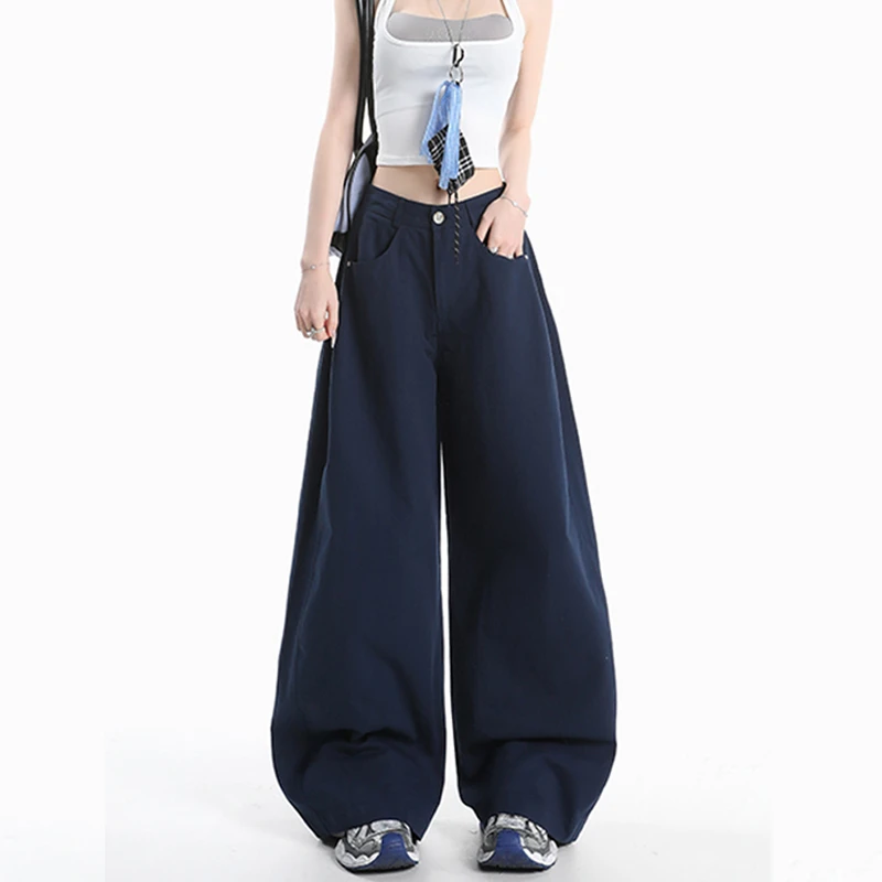 藏青色阔腿牛仔裤女夏季薄款2025年新款小个子高腰显瘦宽松百搭裤