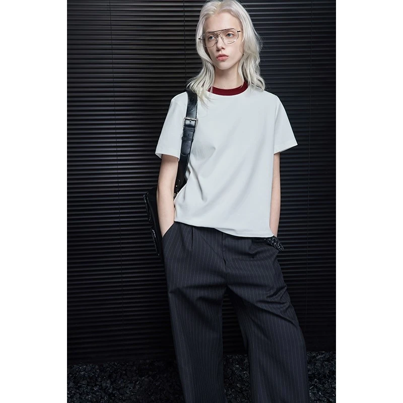 moment撞色短袖t恤女2025春夏新款超好看高端宽松设计感小众百搭