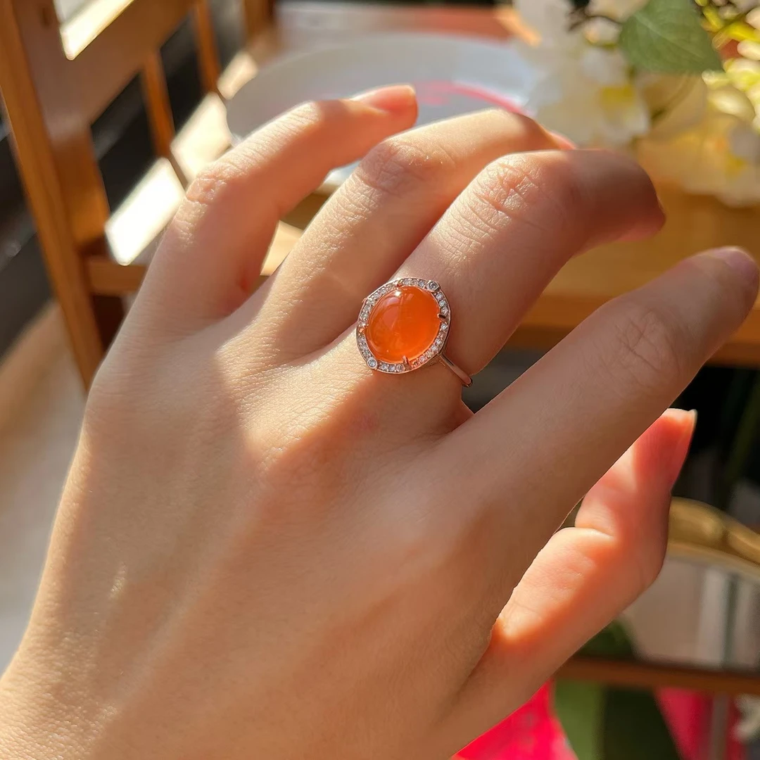 【郭老师】约10*11mm南红玛瑙冰红蛋面银玫瑰金色开口戒指