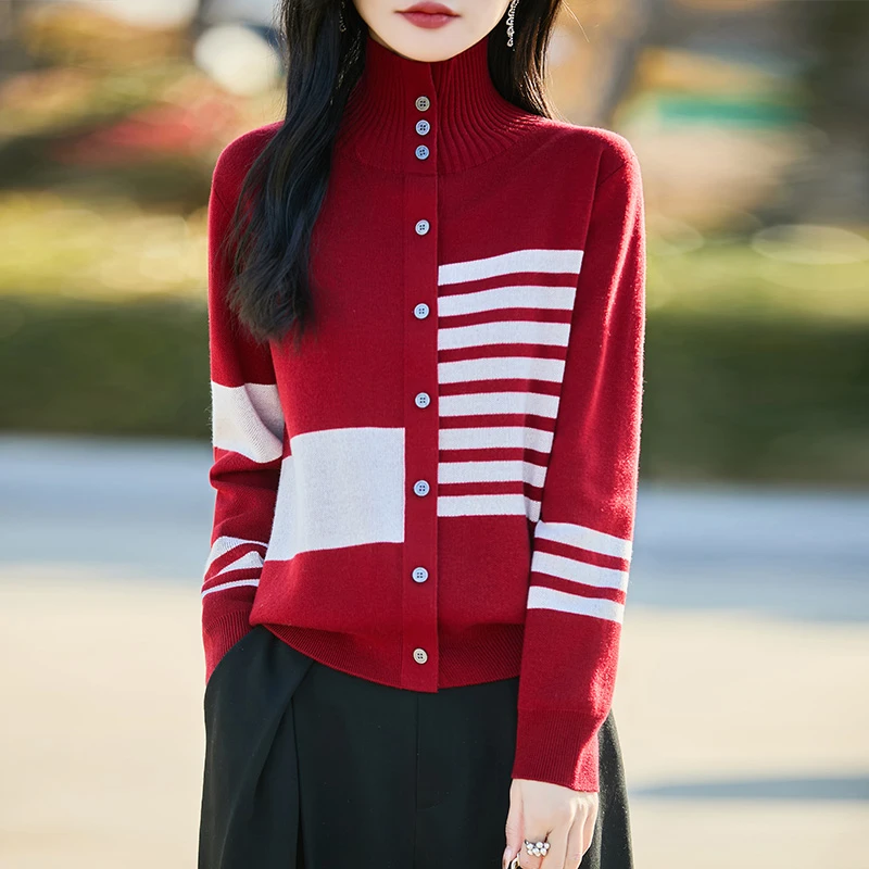 哥弟阿玛施正品新款针织开衫高翻领春秋长袖时尚条纹撞色