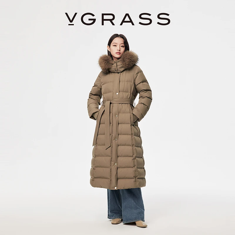 【马上有戏】VGRASS26早春新款定位绗线长款羽绒服拼接貉子毛领女
