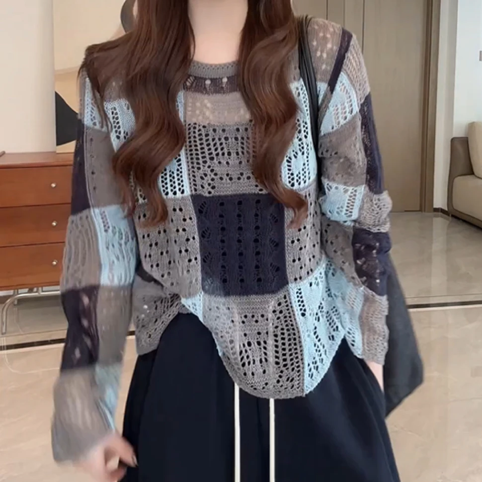设计感方格重工撞色镂空罩衫女2025秋季新款宽松别致慵懒风针织衫