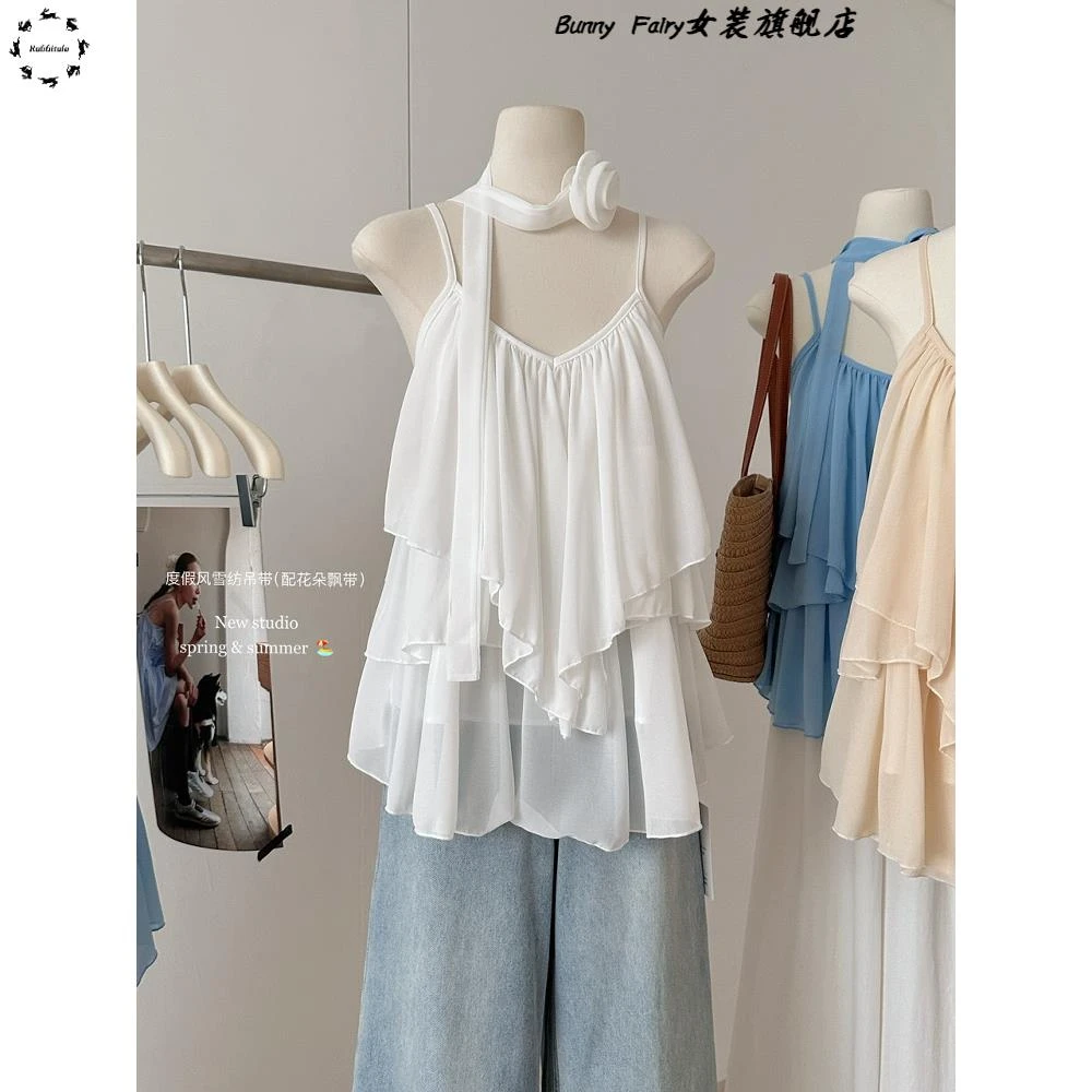 韩系甜美花朵飘带度假风雪纺吊带背心女夏穿搭荷叶边无袖衬衫上衣