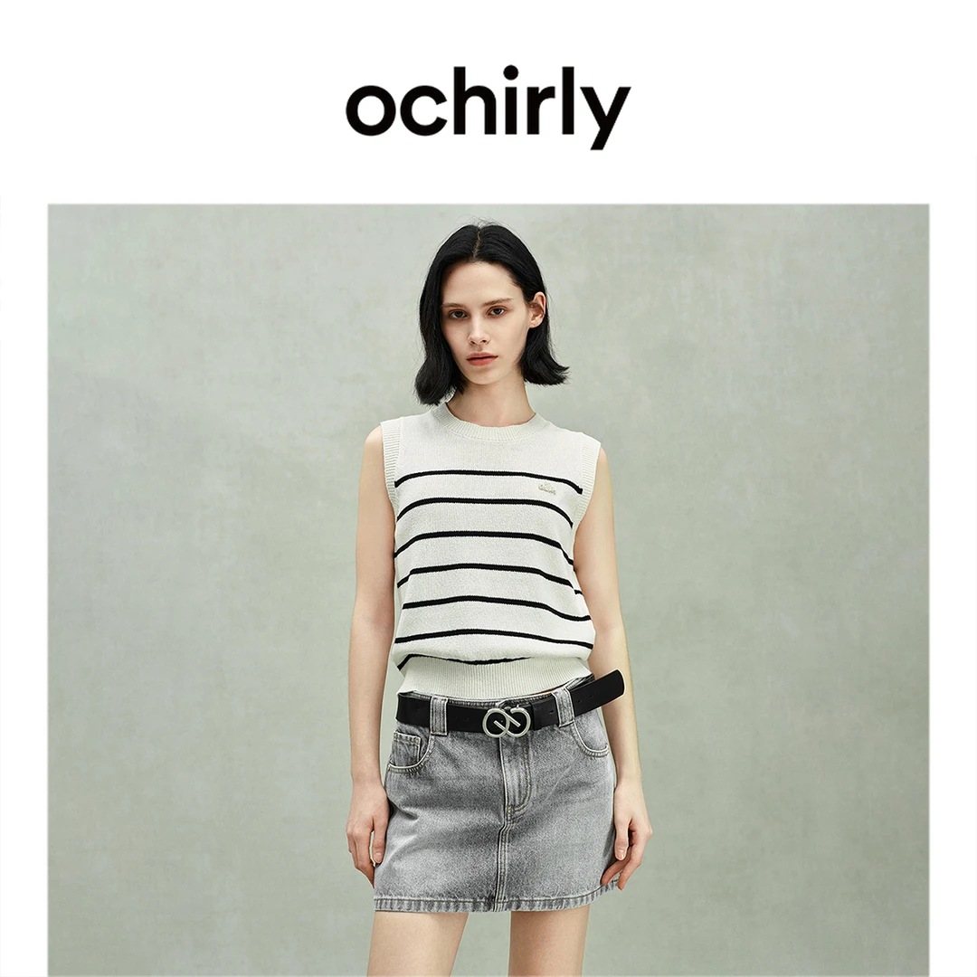 OCHIRLY欧时力 亚麻棉条纹针织背心女无袖上衣外穿春秋季2025新品