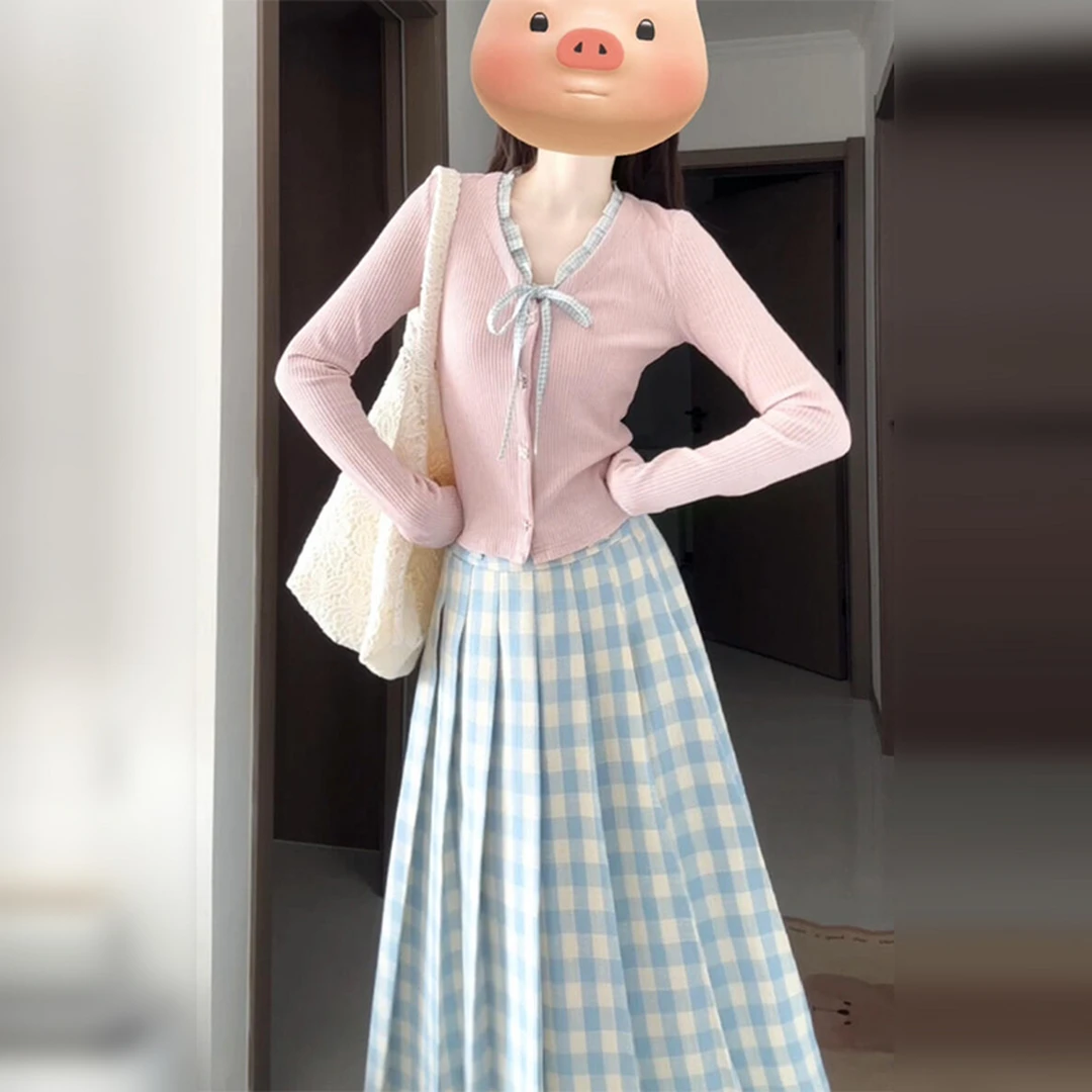 【现货+运补】韩系早秋季甜美气质粉色针织套装0354