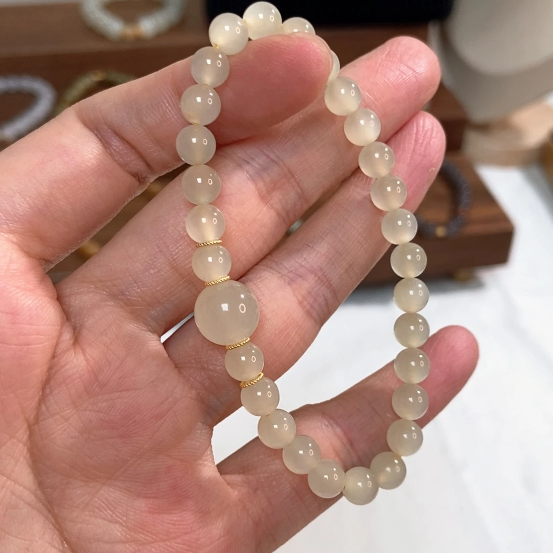 手链18K金镶嵌和田玉蜂蜜水5.8mm高冰猫