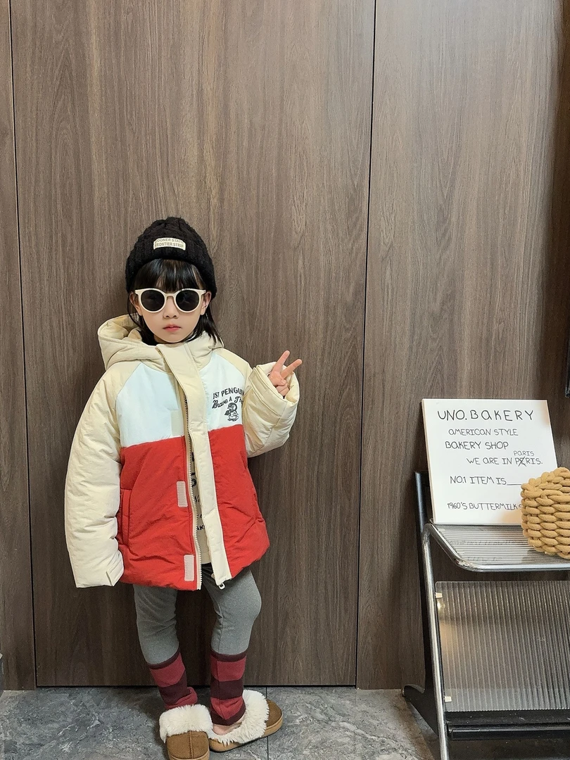 【熙熙TY】冬装儿童韩版棉衣女童冬款冲锋衣拼接连帽加厚外套