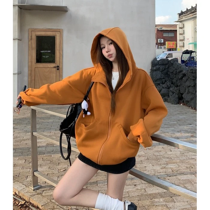 慵懒风复古连帽长袖卫衣外套女秋季休闲开衫美式宽松百搭拉链上衣