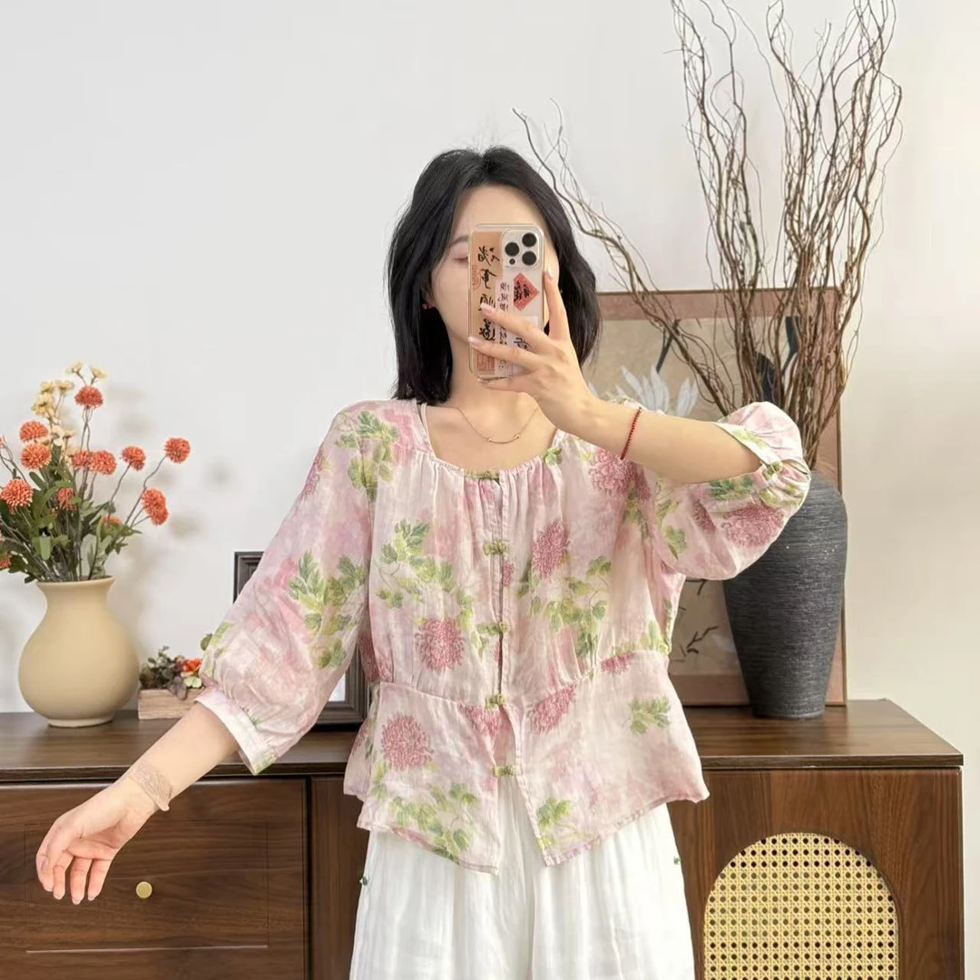 【常樂】复古盘扣苎麻印花小衫847