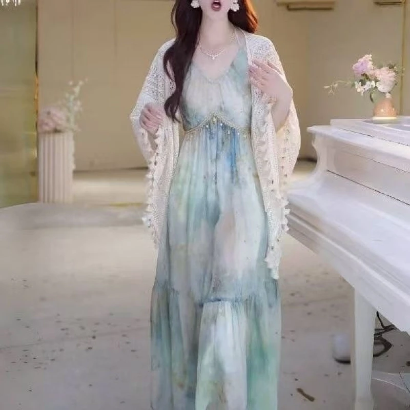 清仓处理法式晕染印花2025吊带连衣裙夏季新款海边度假风长裙+披