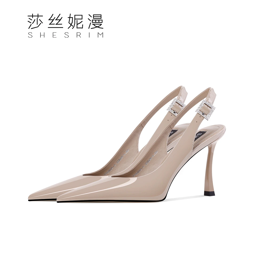高级感裸色尖头凉鞋女2025年春季新款性感亮漆皮气质百搭包头女鞋