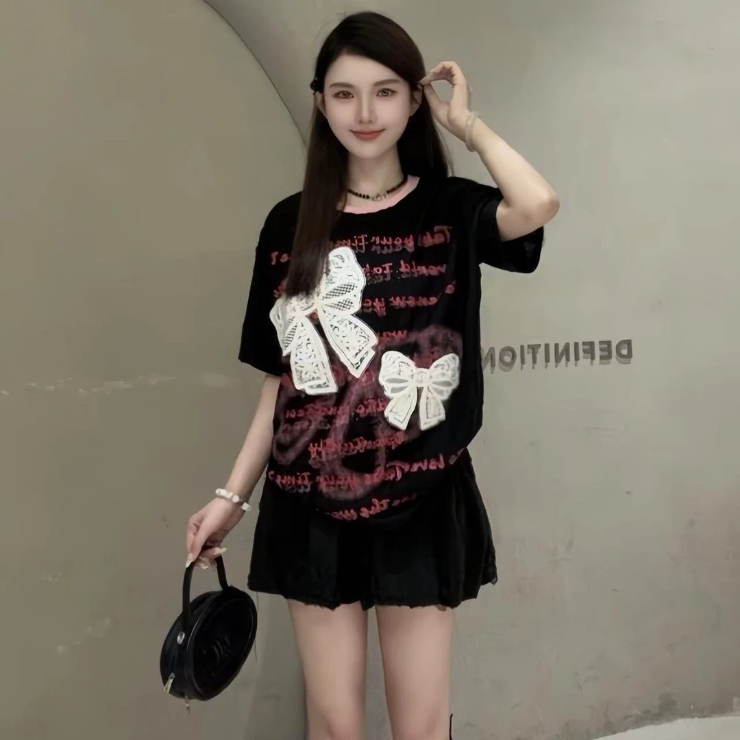 设计感洋气减龄重磅黑色系短袖T恤女2025夏季新款宽松上衣