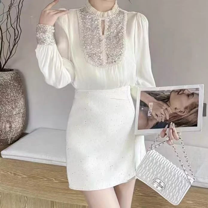 428/6795-1 /139-9法式重工亮片长袖衬衫雪纺女春秋季精致上衣