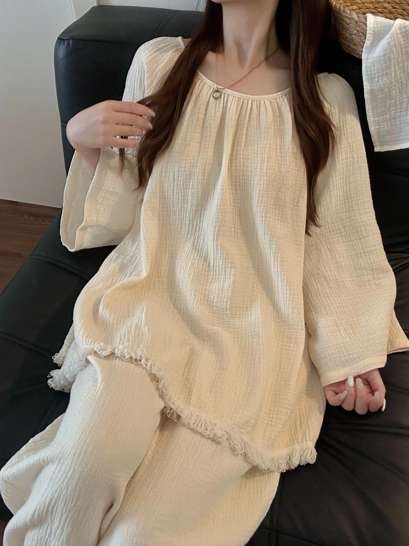 简约少女纯色宽松显瘦流苏设计感睡衣女春秋新款休闲小清新家居服