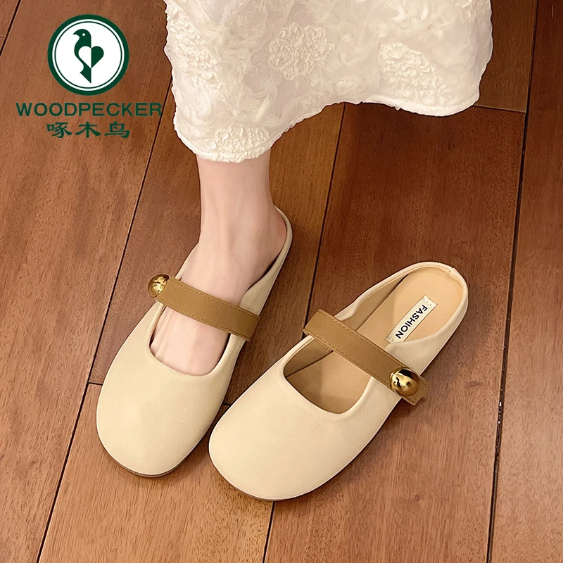 啄木鸟软底平底包头半拖鞋女夏外穿2025新款配裙子温柔玛丽珍单鞋
