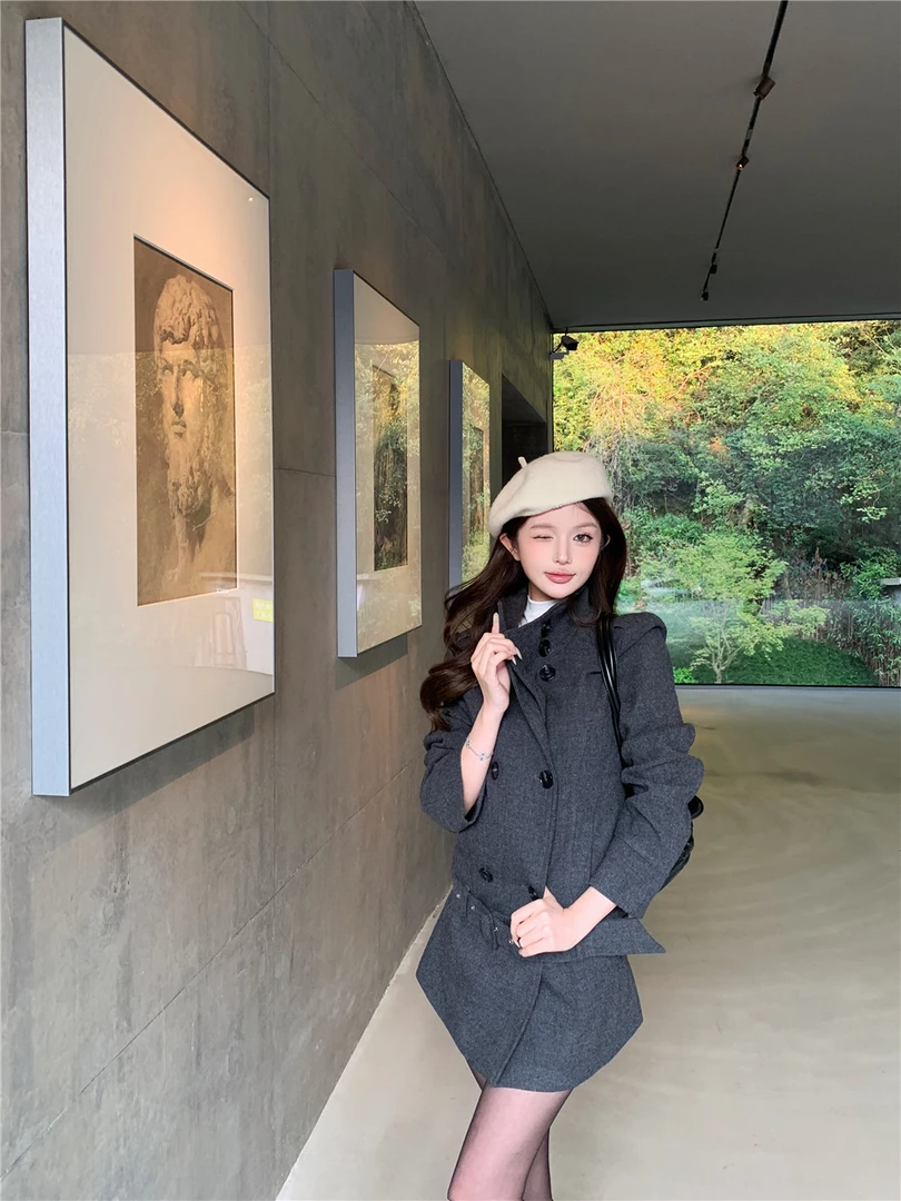 秋冬韩系立领毛呢外套灰色双排扣收腰显瘦夹棉中长款高级感大衣女