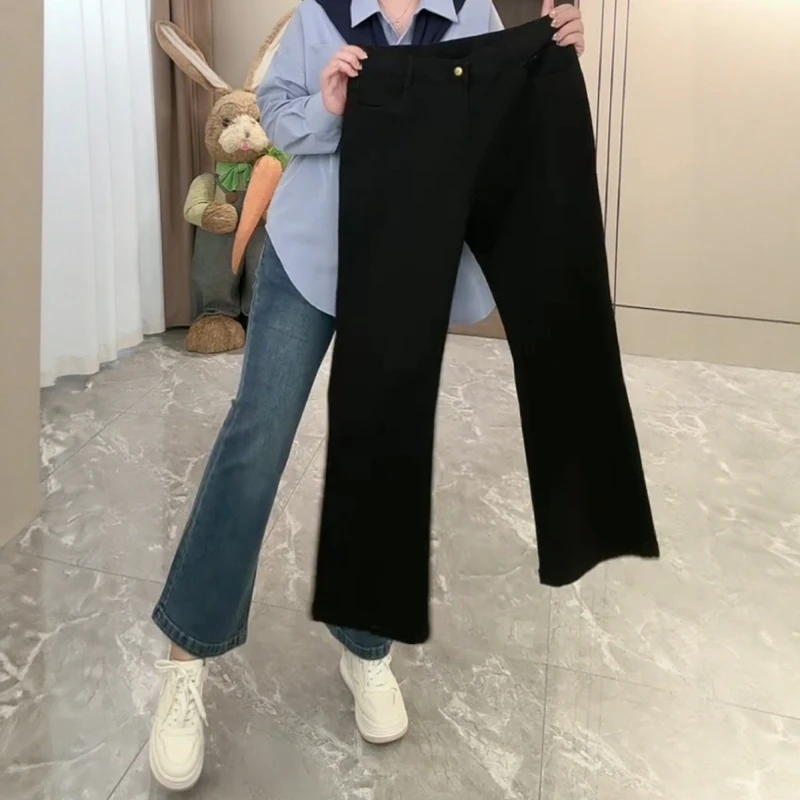 大码女装四面弹松紧腰显瘦直筒牛仔裤秋季新款百搭弹力修身微喇裤