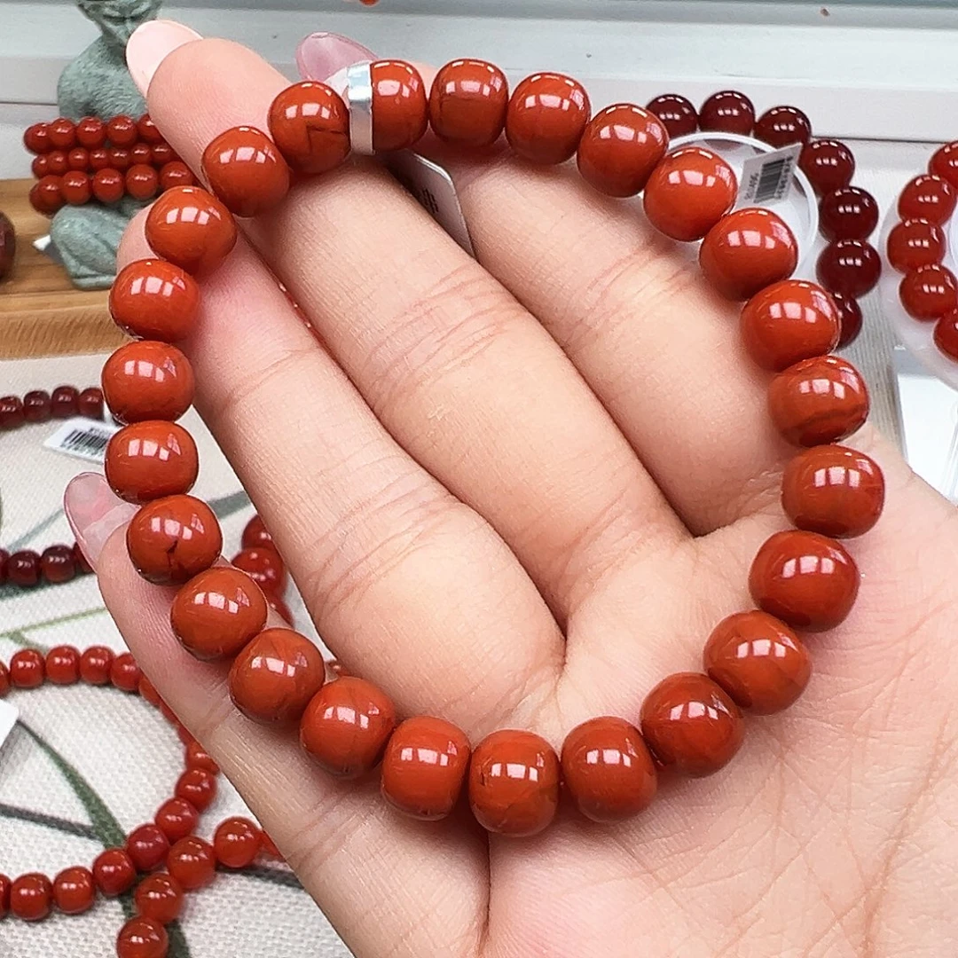 南红玛瑙未镶嵌手串福利捡漏 瓦西老型柿子红卡8
