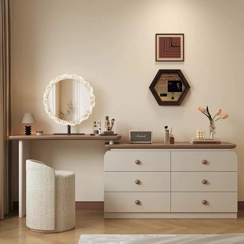 中古奶油风实木烤漆梳妆台卧室现代简约床尾复古化妆桌斗柜一体