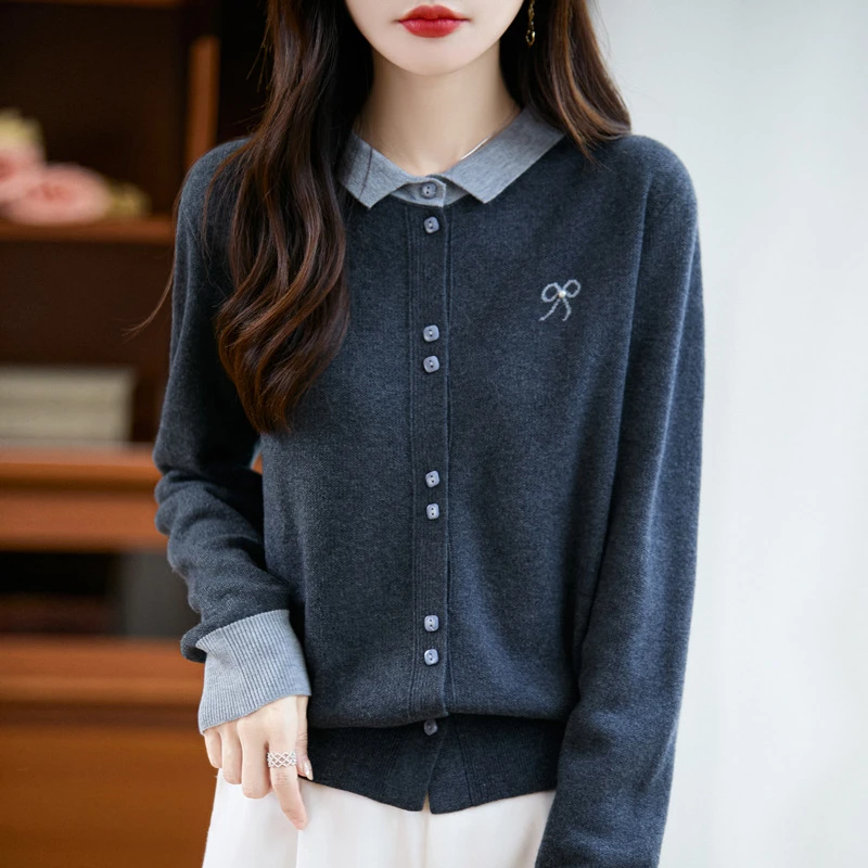 拼色衬衫领针织开衫女宽松长袖秋冬新款翻领内搭打底衫女装上衣