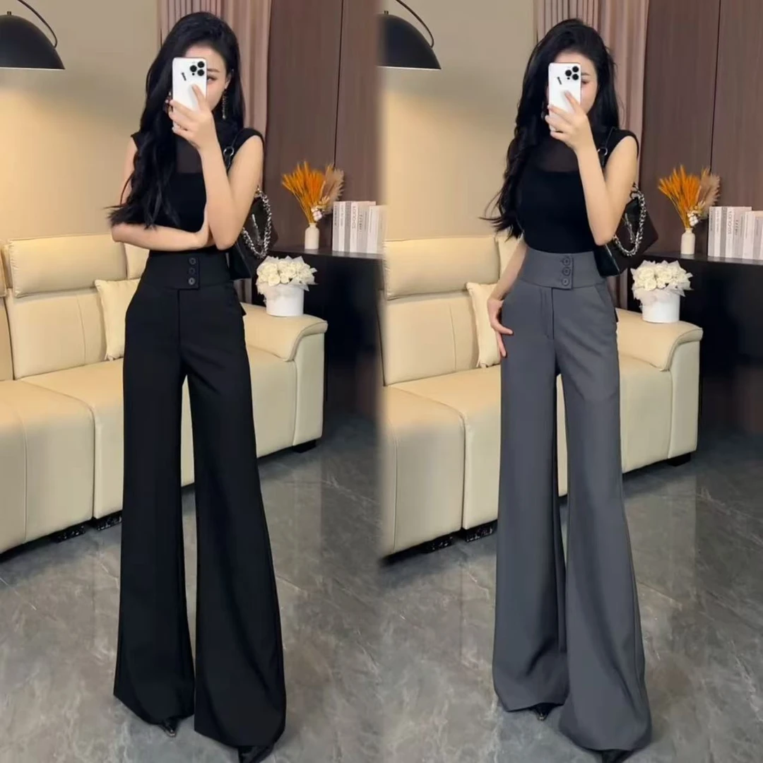 网红三排扣西装微喇裤2025新款夏季高腰显瘦显高洋气薄款阔腿裤长