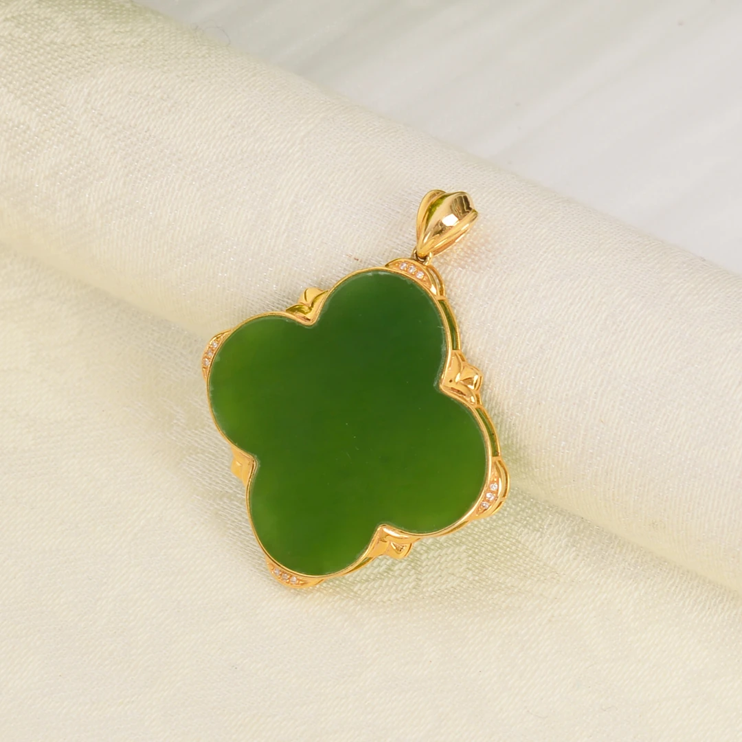 【熊总夫妇】碧玉18K金大四叶草吊坠