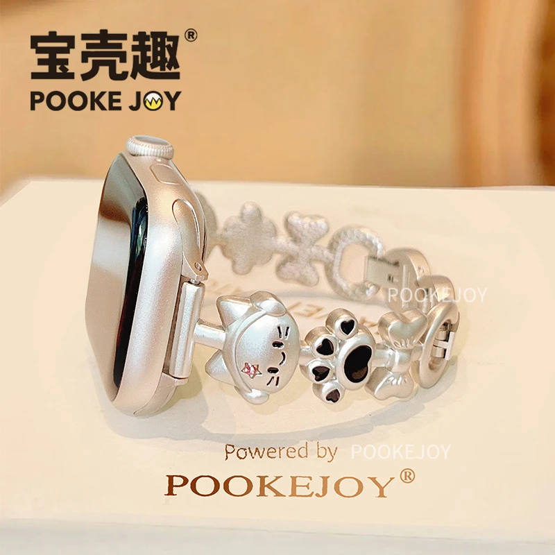 宝壳趣适用苹果applewatch11音乐猫表带s10/s9/s8金属表带可爱夏