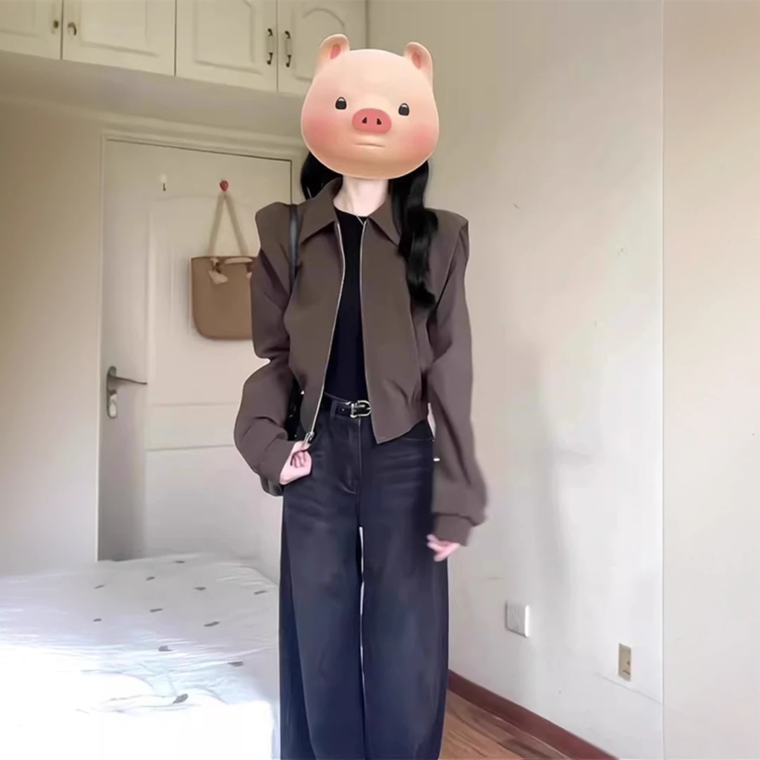 深棕色短款垫肩翻领夹克外套女早秋季港风复古美拉德穿搭慵懒洋气