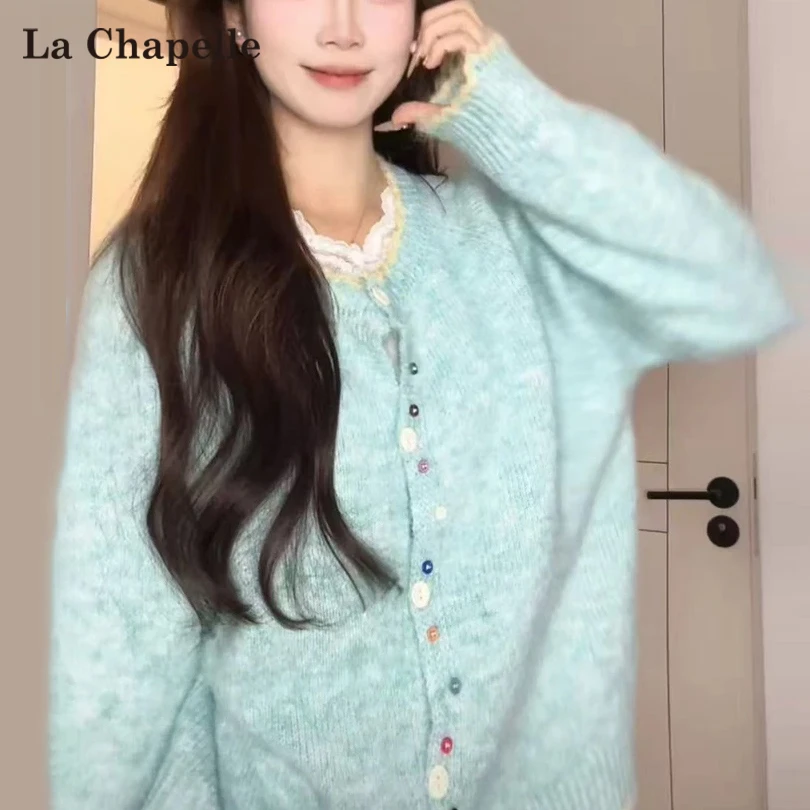 拉夏贝尔韩系彩扣撞色软糯针织开衫女春秋新款宽松慵懒风毛衣上衣