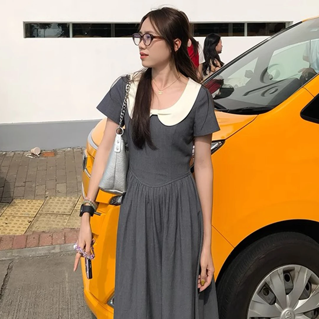 【现货+运补】撞色娃娃领短袖2025新款高级感收腰显瘦长裙3793