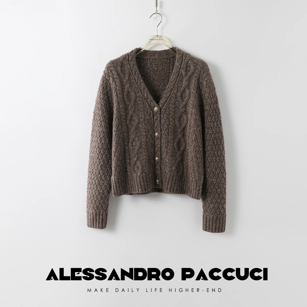 AP洛哥23937X 山羊绒彩点纱V领复古绞花侧开叉时尚百搭开衫