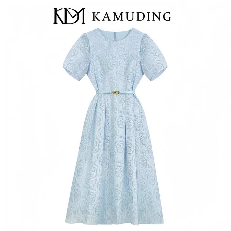 KAMUDING2025夏季新款圆领花纹中长款连衣裙8733