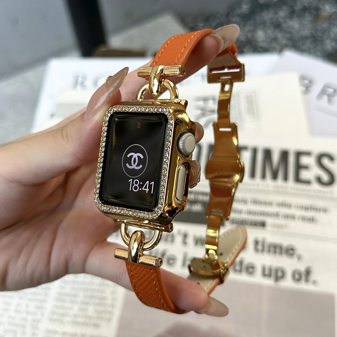 细版皮质蝴蝶扣表带女适用iwatch9S7S8代654SE苹果手表十代ultra2