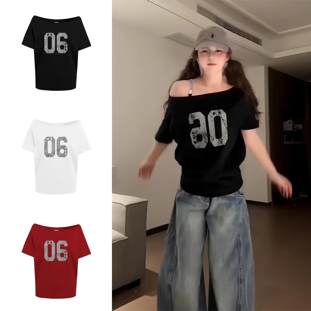 黑色斜肩短袖女夏季新款数字印花露肩t恤美式辣妹宽松休闲上衣潮