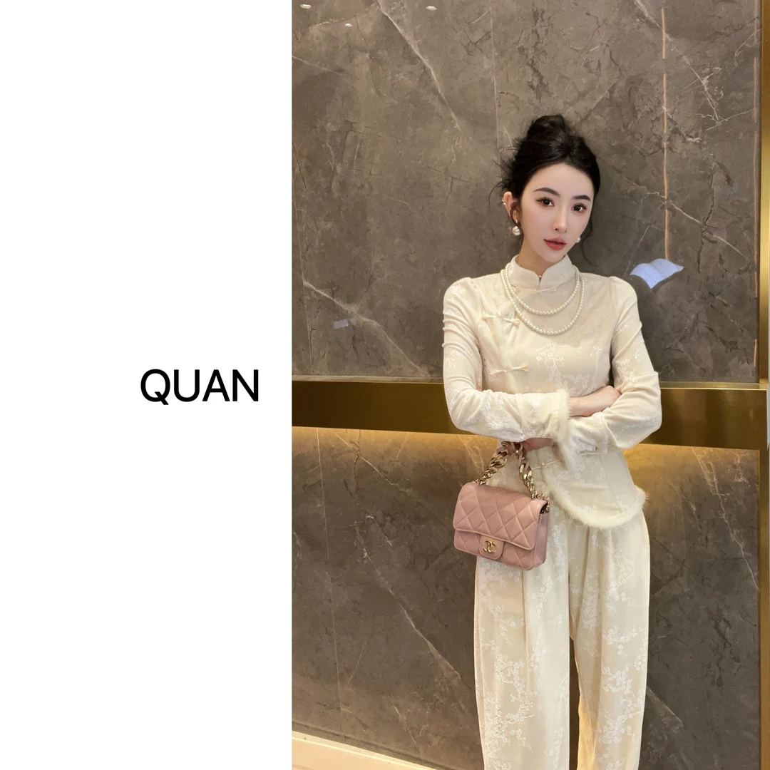 现货【良辰】新中式休闲百搭水貂毛加绒国风上衣裤子套装